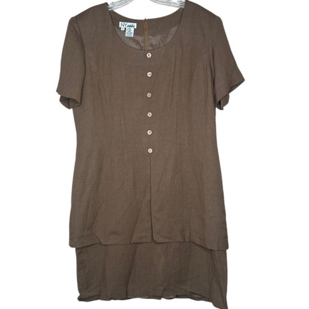 NY Sake Linen Blend Dress Button‎ Front Short Sleeve Chocolate Brown Size 16